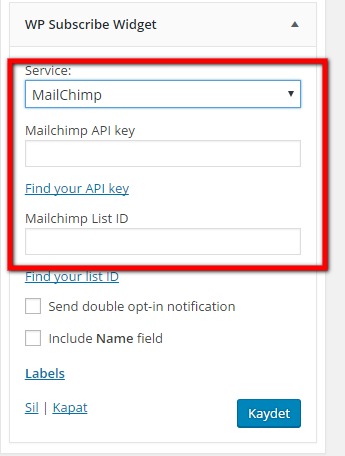 mailchimp kurulumu wp subscibe widget ayarları