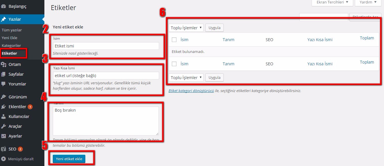 wordpress kılavuzu wordpress admin paneli etiketler