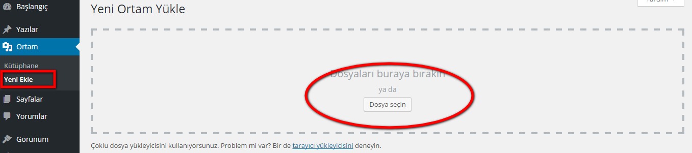wordpress kılavuzu wordpress admin paneli kütüphane yeni ortam