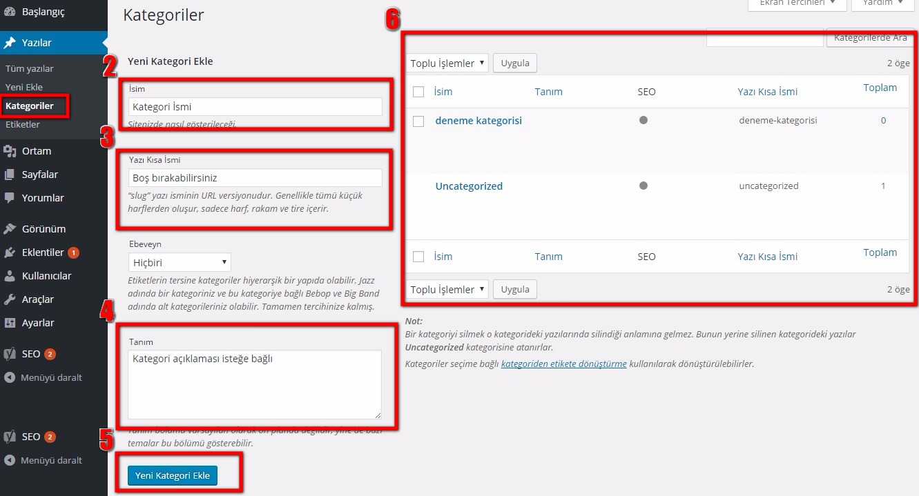 wordpress kılavuzu wordpress admin paneli kategoriler