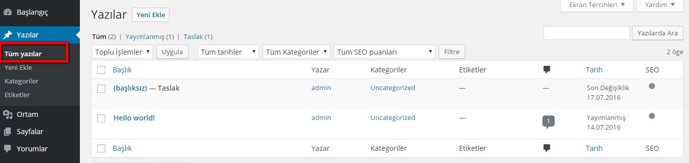 wordpress kılavuzu wordpress admin paneli yazılar