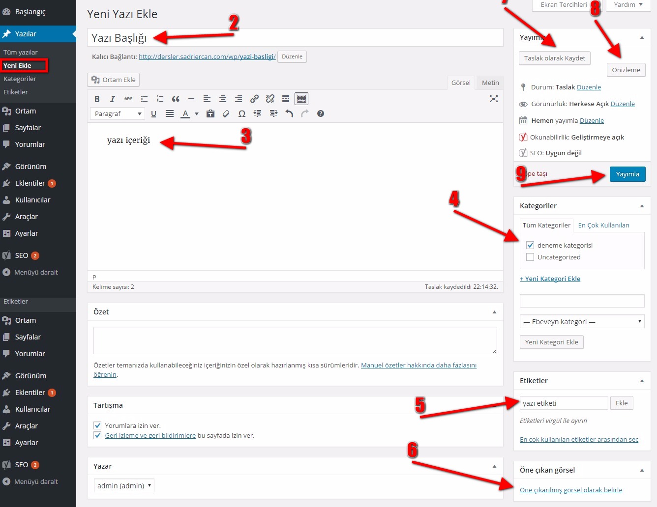 wordpress kılavuzu wordpress admin paneli yeni yazı ekleme