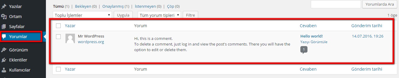 wordpress kılavuzu wordpress admin paneli yorumlar