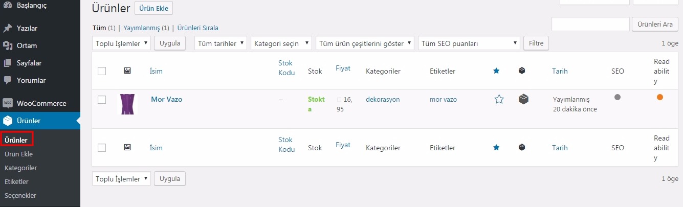 Woocommerce kurulum ürünler