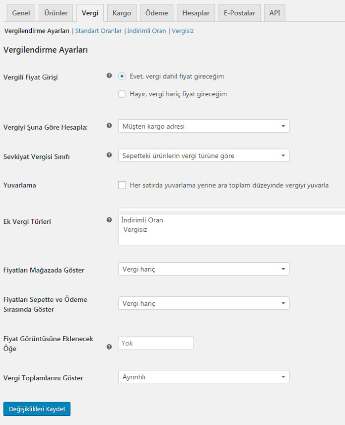 Woocommerce kurulum vergi sekmesi