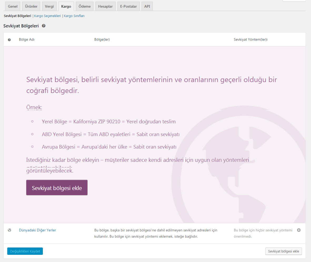 Woocommerce kurulum kargo sekmesi