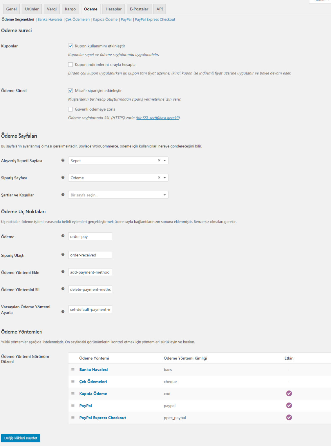 Woocommerce kurulum ödeme sekmesi