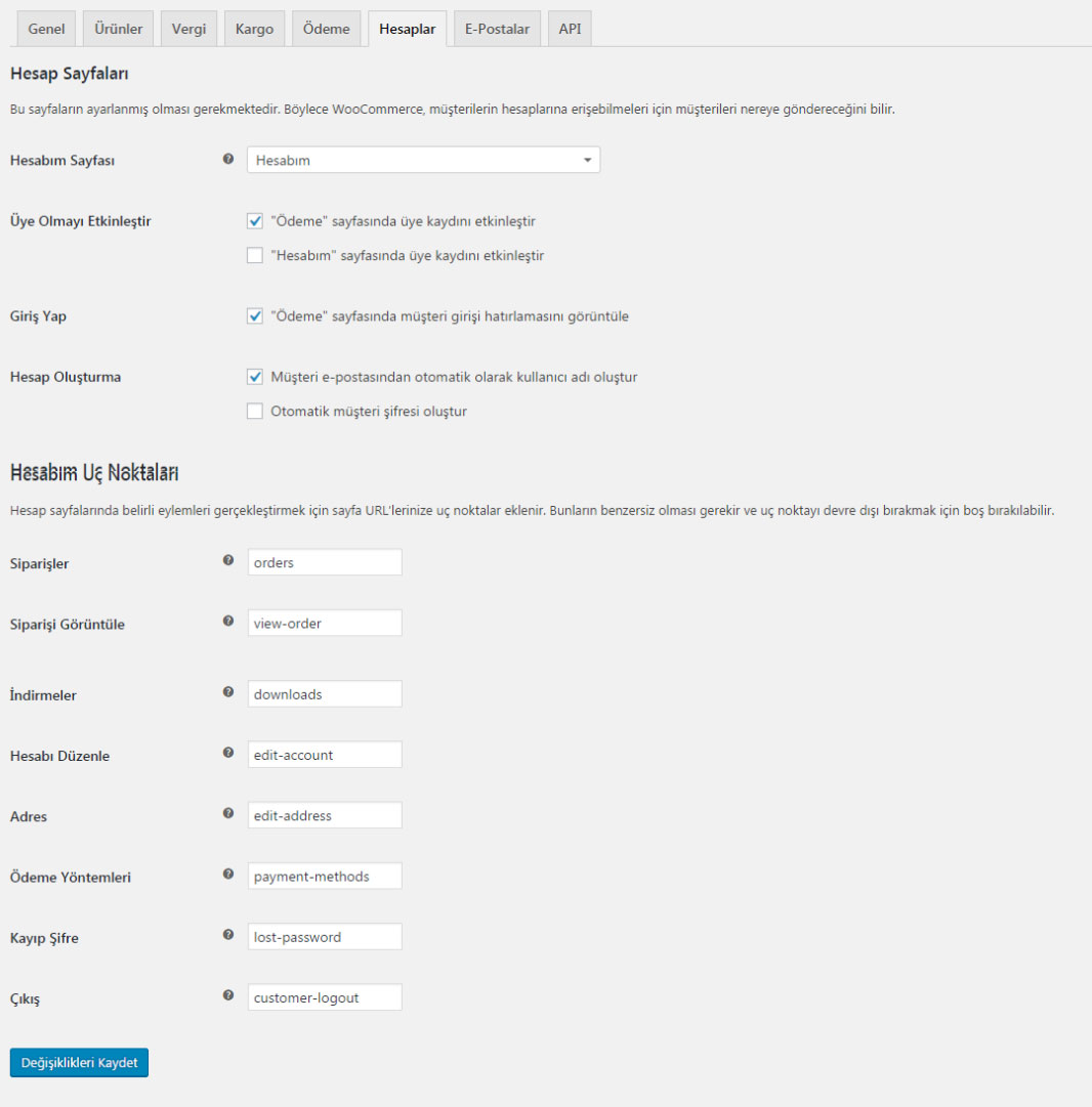 Woocommerce kurulum hesaplar sekmesi