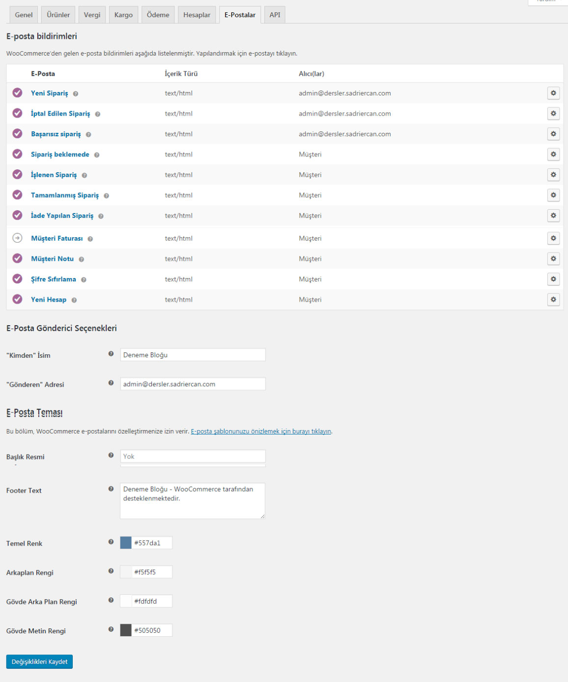 Woocommerce kurulum eposta sekmesi