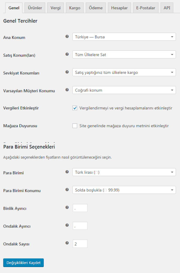 Woocommerce kurulum ayarlar