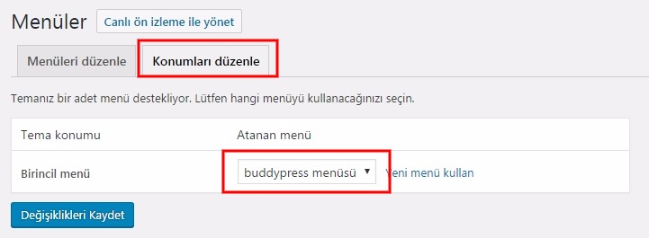 Buddypress kurulum menü yerleşim