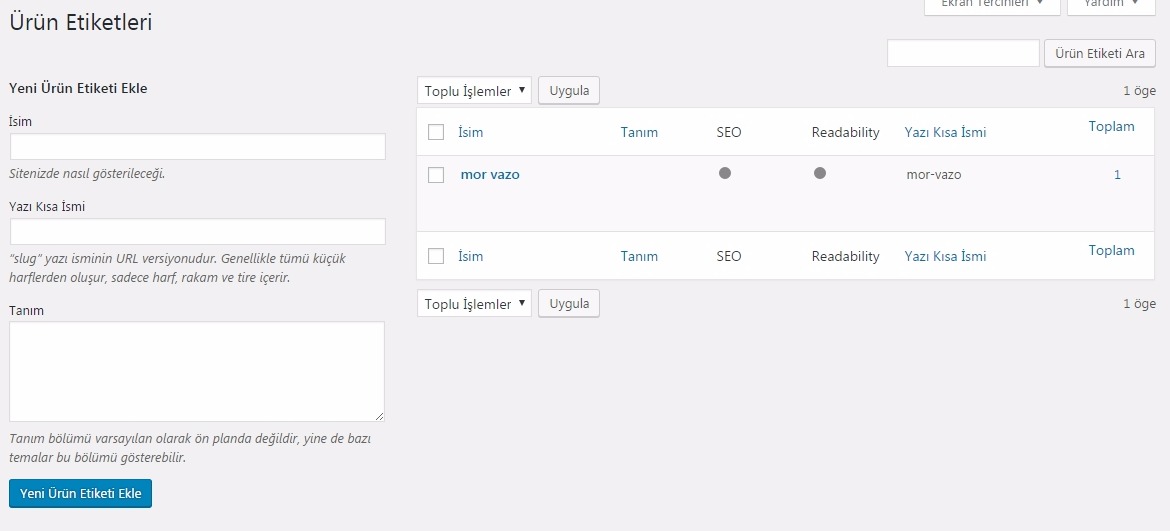 Woocommerce kurulum ürün etiket