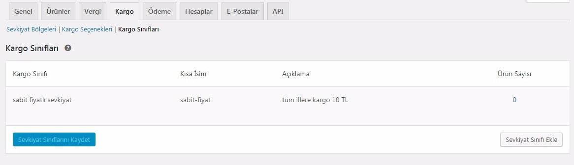 Woocommerce kurulum kargo sınıfları