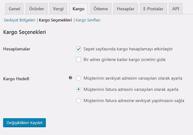Woocommerce kurulum kargo bilgileri