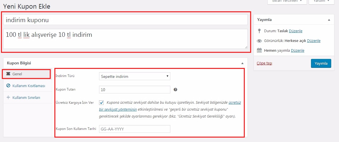 Woocommerce kurulum yeni kupon ekle