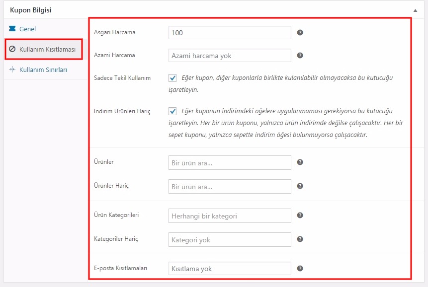 Woocommerce kurulum kupon kısıtlaması
