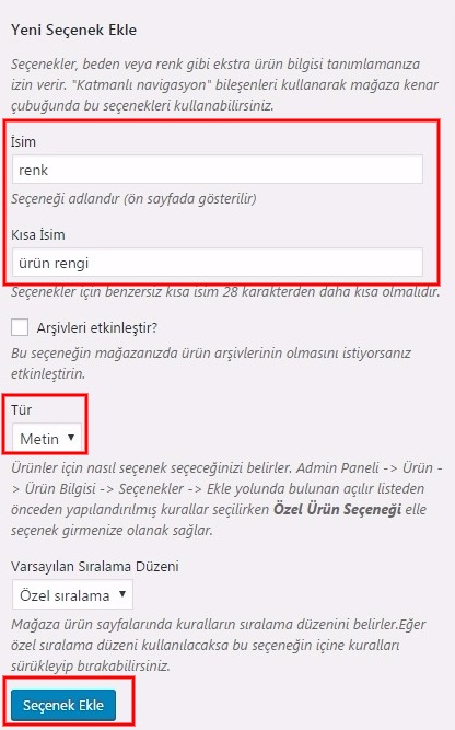 Woocommerce kurulum ürün seçenek ekle