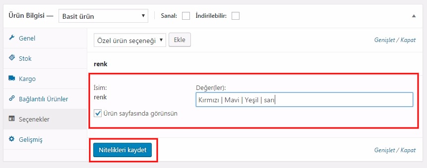 Woocommerce kurulum seçenek kaydet