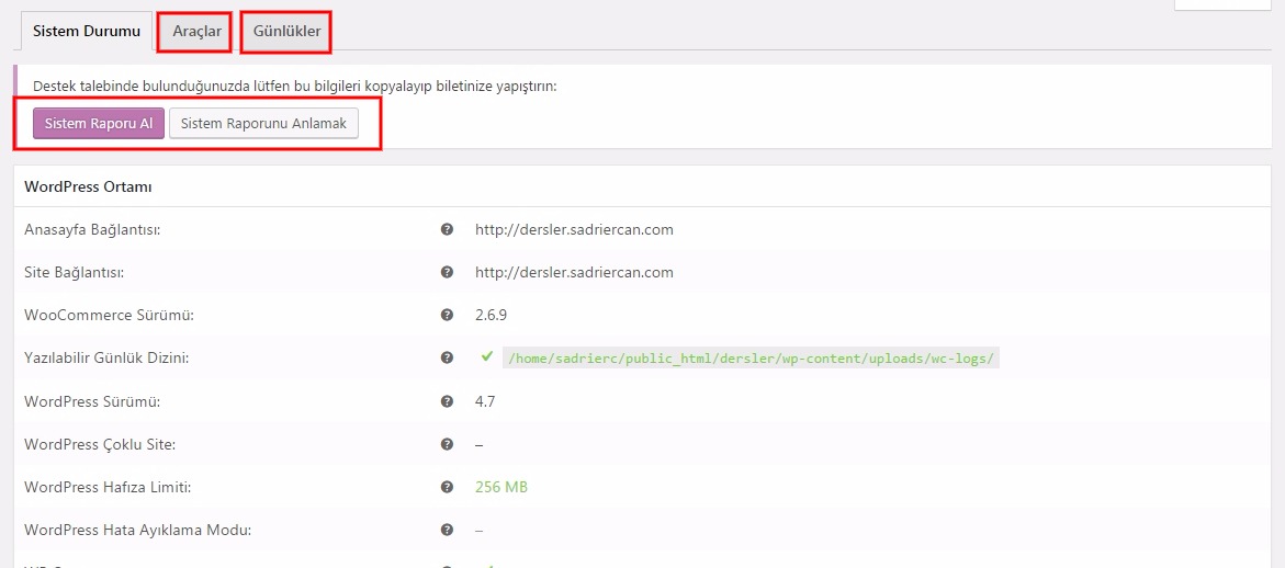 Woocommerce kurulum sistem durumu
