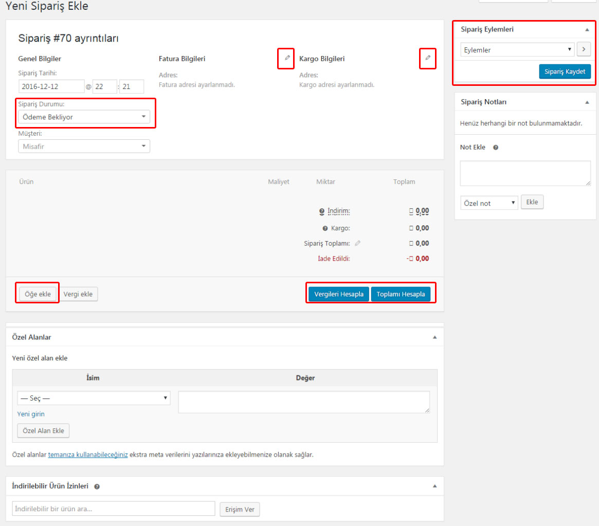 Woocommerce kurulum yeni sipariş