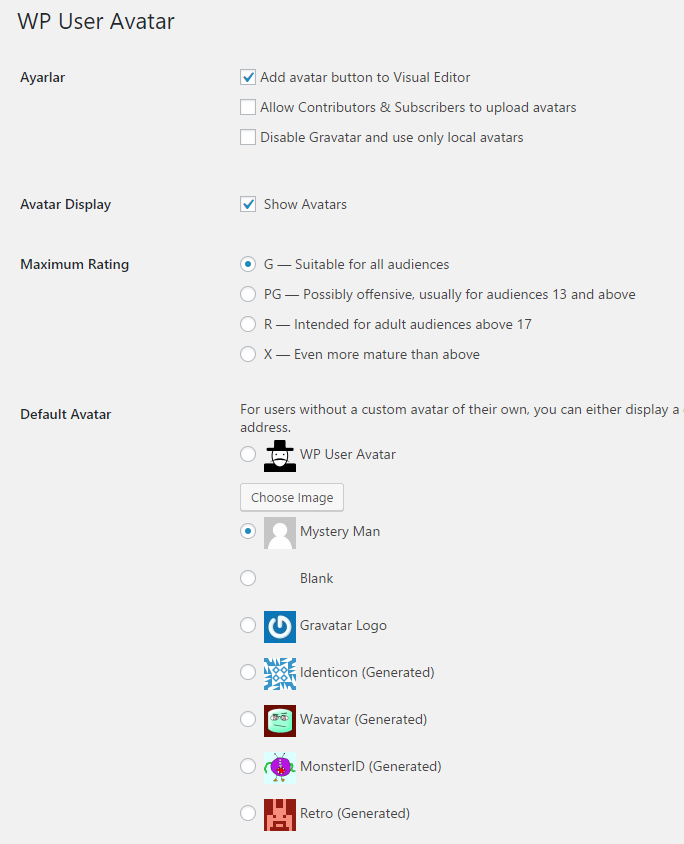 wp user avatar ayarlar