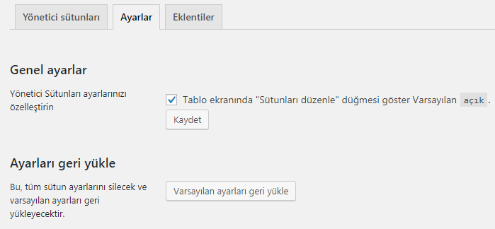 Admin Columns ayarlar sekmesi