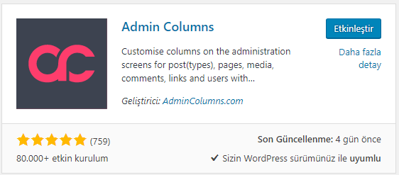 Admin Columns yükleme